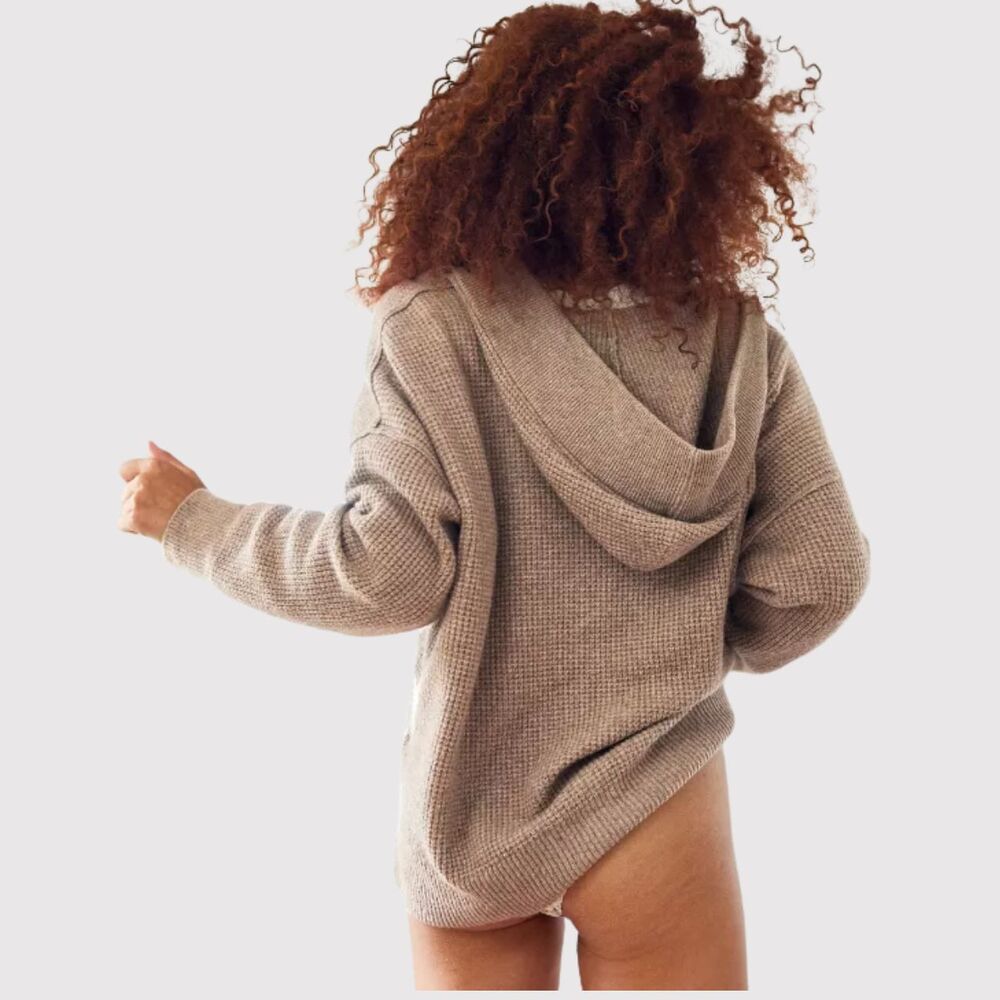 Aerie Womens Sweater Brown CozyUp Waffle Hoodie V Neck Pullover Stretch Large - Picture 3 of 13
